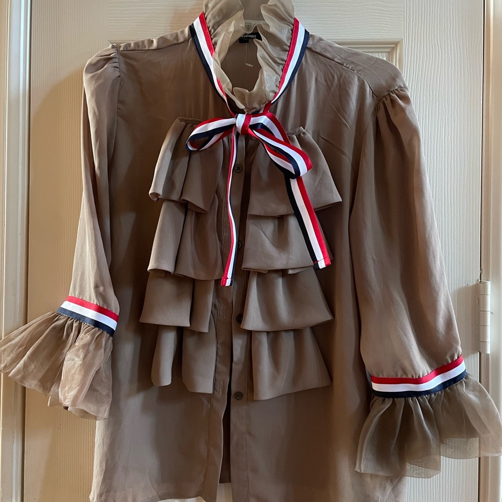 Unique Ups and Downs Women's Blouse, Tan with Red, White Ribbon Trim, XL